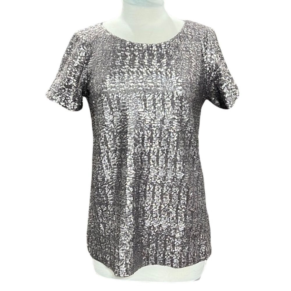 Velvet Women’s Sequin Short Sleeve Crewneck Blouse Gray Size XL